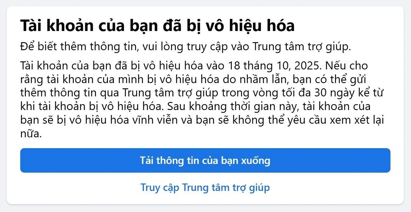 Màn hình thông báo tài khoản Facebook đã bị vô hiệu hóa, kèm thời hạn kháng nghị 30 ngày