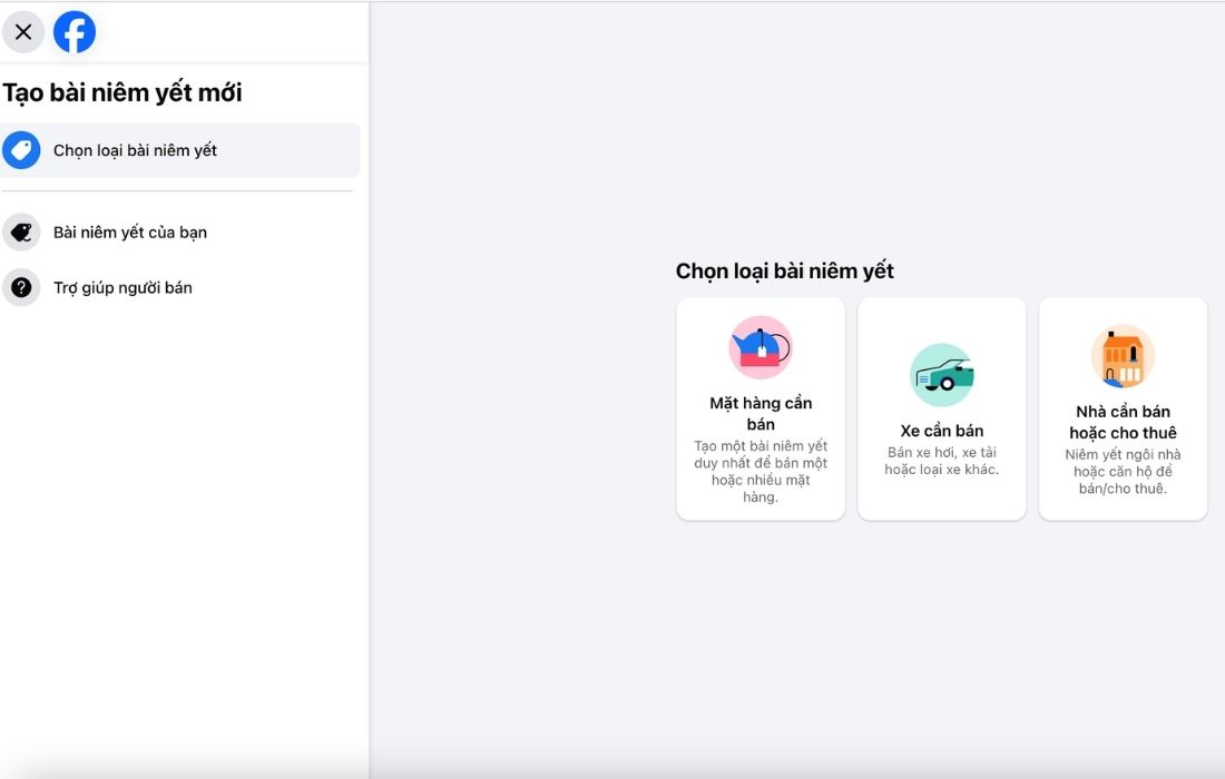 Chọn loại bài niêm yết trên Facebook Marketplace: Mặt hàng cần bán, Xe cần bán và Nhà cần bán hoặc cho thuê
