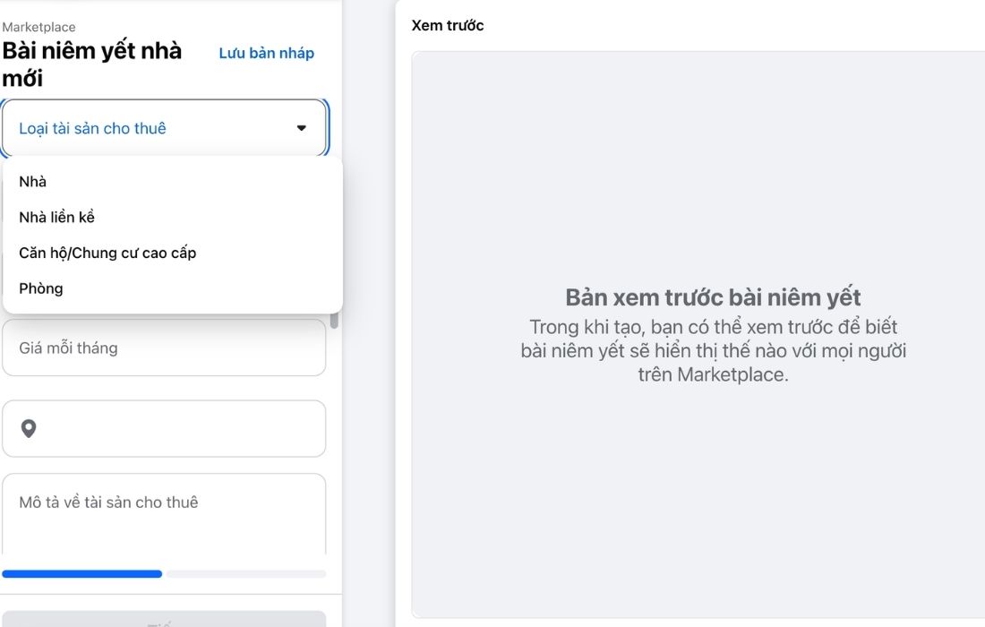 Danh sách Loại tài sản trên Marketplace: Nhà, Nhà liền kề, Căn hộ/Chung cư cao cấp và Phòng
