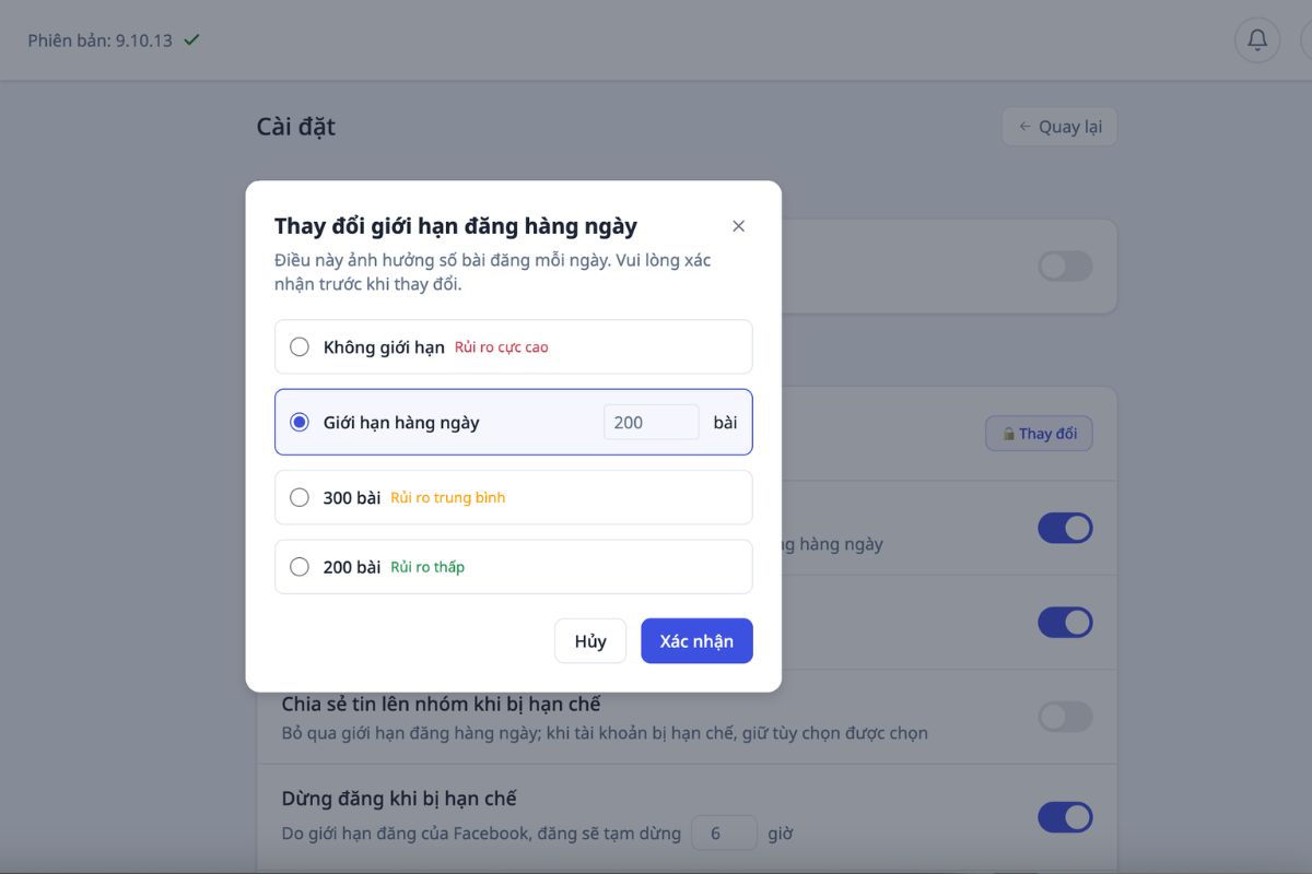 Cài giới hạn số bài đăng mỗi ngày kèm mức rủi ro tương ứng