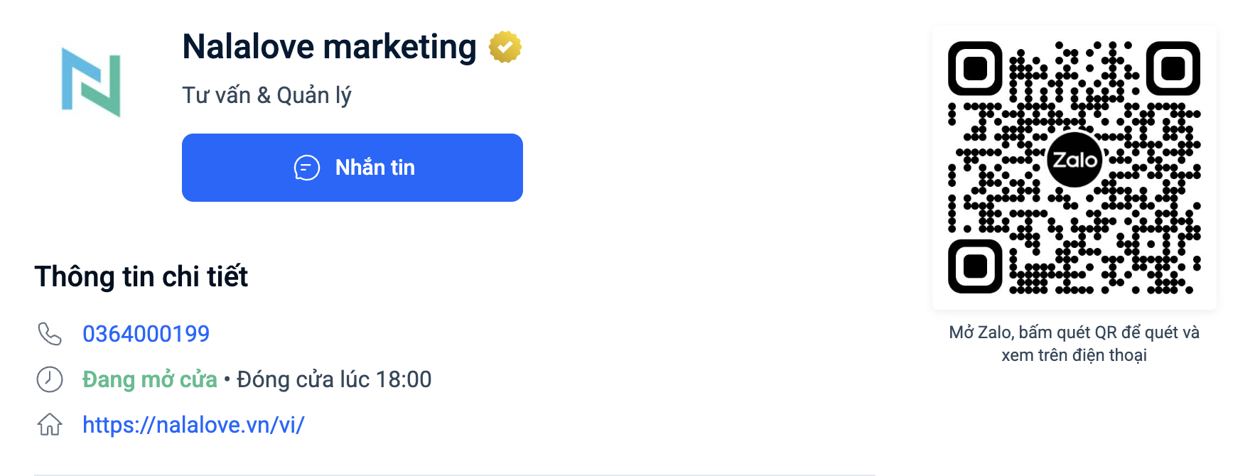 Zalo Official Account của Nalalove marketing, đã xác minh, kèm số điện thoại, giờ làm việc và mã QR